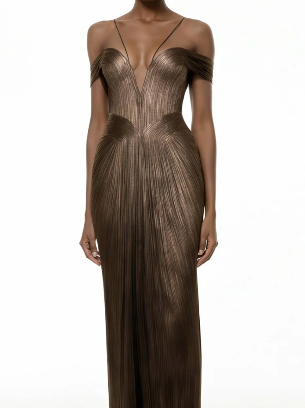 One-Shoulder Metallic Brown Evening Gown